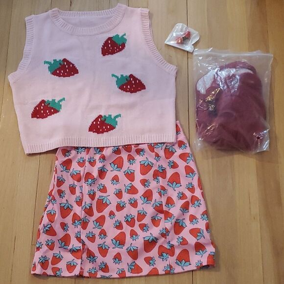 STRAWBERRY SHORTCAKE COSTUME VEST SKIRT WIG EARRINGS HALLOWEEN ADULT MEDIUM - Picture 1 of 9